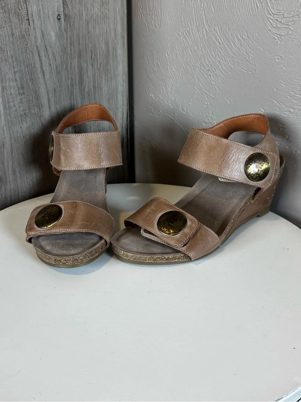 Taos Women's Tan Wedge Sandals with Decorative Button Accent